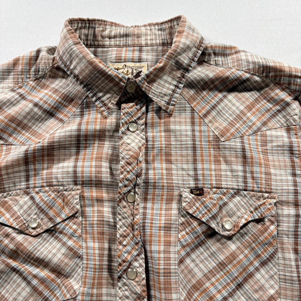 Taos Western Pearl Snap Shirt Mens Medium Brown Orange Plaid Long Sleeve Cowboy